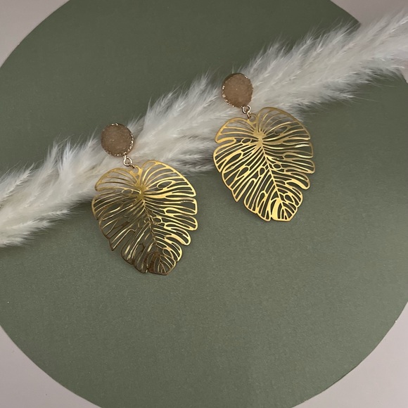 Elegant Gold Monstera Leaf Dangle Earrings - Trendy Boho Chic Leaf Earrings - Picture 12 of 16
